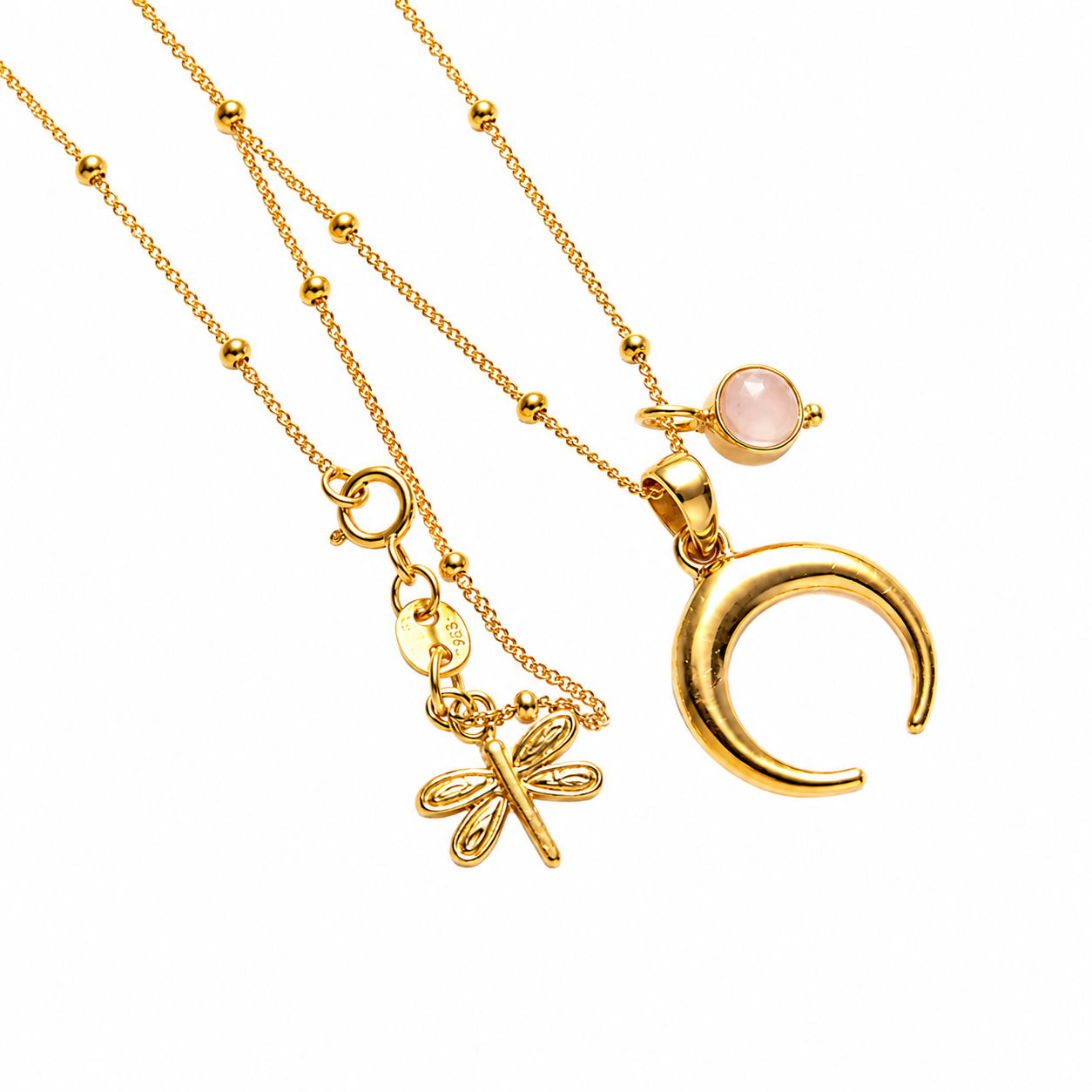 Gold plated spiritual necklaces with rose quartz charms by Aretodia