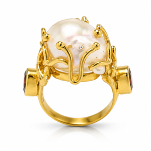 Sistina Ring – Baroque Pearl Statement Ring with Amethyst & Garnet | Handmade Sterling Silver Gold Plated Ring | Artisan Jewelry