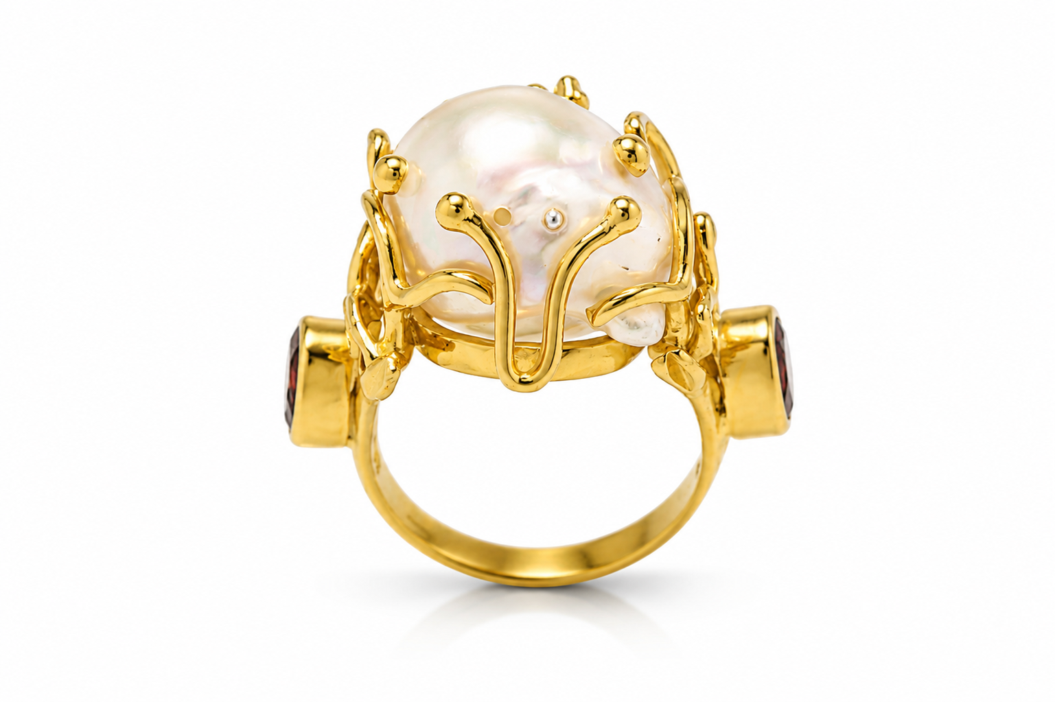 Sistina Ring – Baroque Pearl Statement Ring with Amethyst & Garnet | Handmade Sterling Silver Gold Plated Ring | Artisan Jewelry