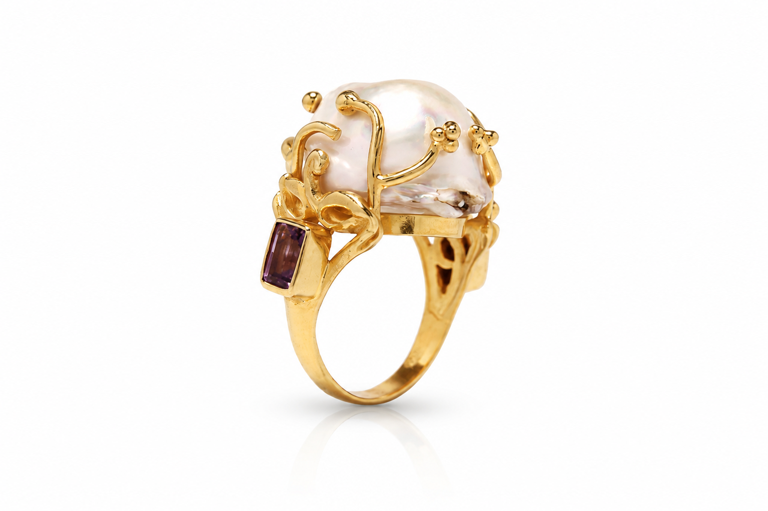 Sistina Ring – Baroque Pearl Statement Ring with Amethyst & Garnet | Handmade Sterling Silver Gold Plated Ring | Artisan Jewelry - immagine 2