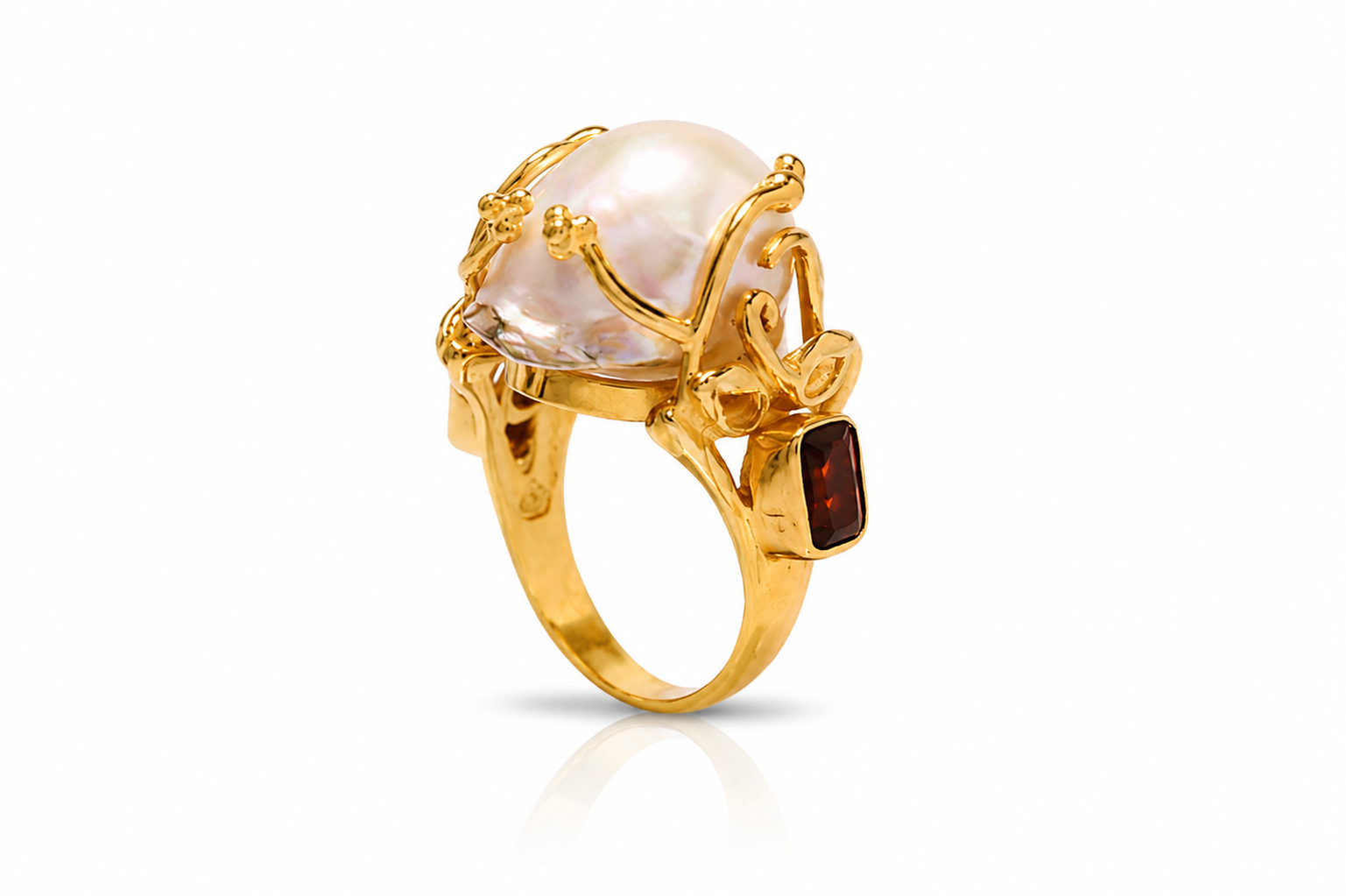 Sistina Ring – Baroque Pearl Statement Ring with Amethyst & Garnet | Handmade Sterling Silver Gold Plated Ring | Artisan Jewelry - immagine 5