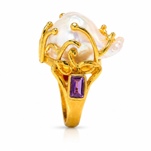 Vespera Ring – Baroque Pearl Ring with Amethyst & Garnet | Gold Plated Sterling Silver Statement Ring | Handmade Artisan Jewelry