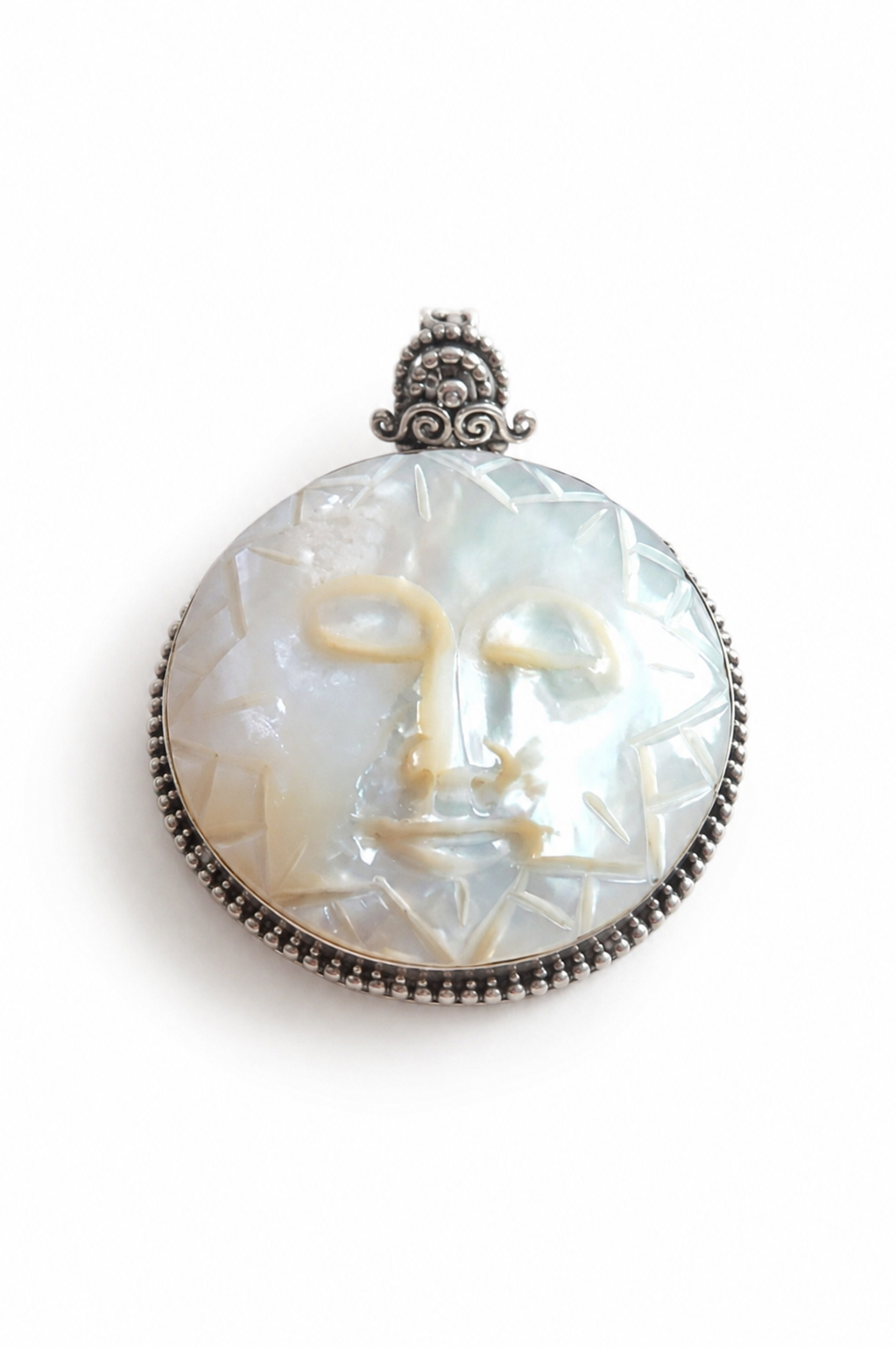 Large Mother of Pearl Sun Pendant – 925 Sterling Silver Statement Necklace Charm – Handmade Bali Celestial Jewelry – 5 cm