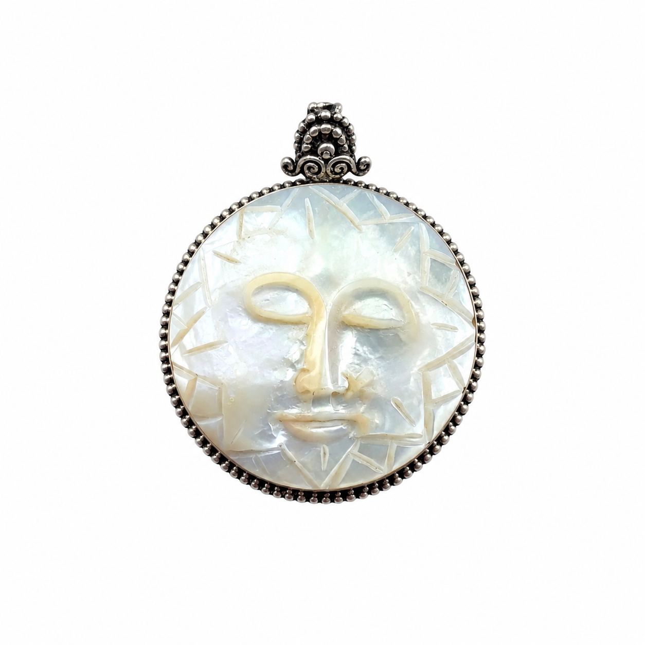 Large Mother of Pearl Sun Pendant – 925 Sterling Silver Statement Necklace Charm – Handmade Bali Celestial Jewelry – 5 cm - immagine 3