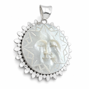 Mother of Pearl Sun Pendant | 925 Sterling Silver Celestial Necklace Charm | Handmade Bali Jewelry | 3.5 cm