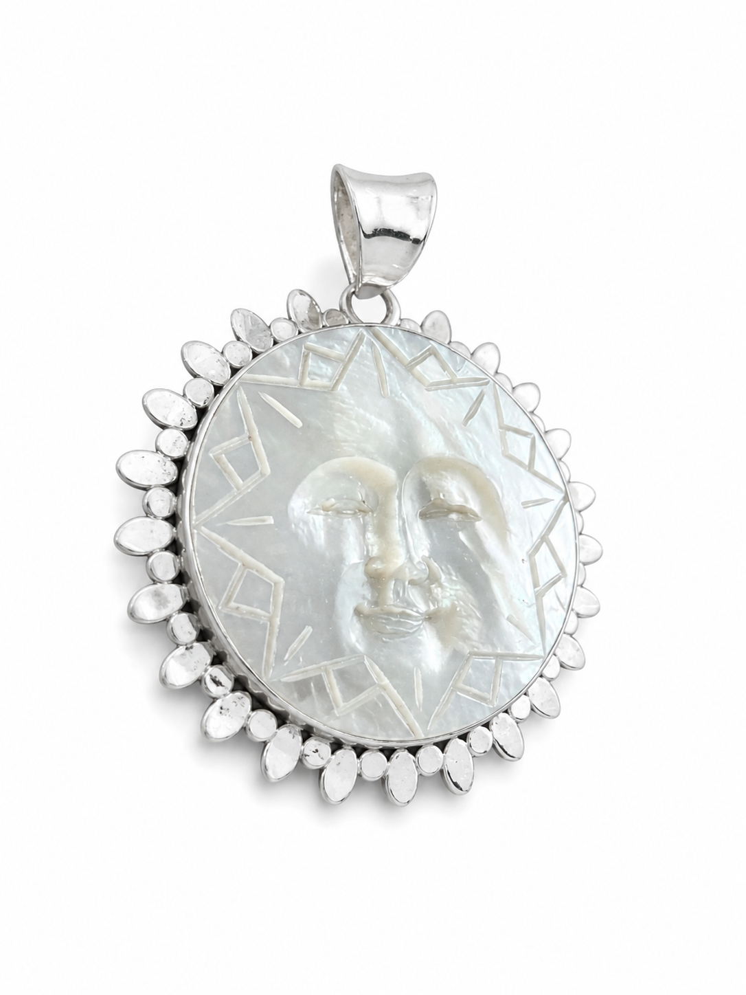 Mother of Pearl Sun Pendant | 925 Sterling Silver Celestial Necklace Charm | Handmade Bali Jewelry | 3.5 cm