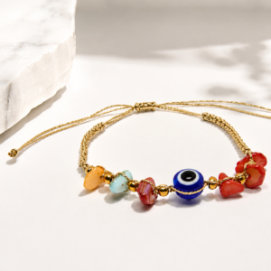 Evil Eye Charm Bracelet – Handcrafted Adjustable Bracelet with Natural Stone Chips