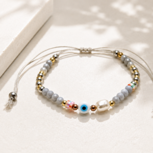 Grey Evil Eye Adjustable Bracelet – Handcrafted Crystal & Freshwater Pearl Bracelet