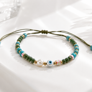 Petrol Green Evil Eye Adjustable Bracelet – Handwoven Crystal & Turquoise Bracelet