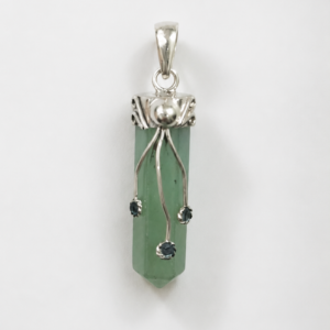 Green Aventurine Crystal Point Pendant – Sterling Silver & Blue Gemstone Accents