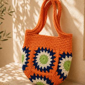 Sole Crochet Bag – Handmade Orange Floral Tote