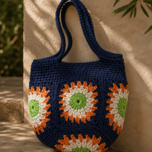 Navy Sunflower Crochet Bag – Handmade Artisan Tote