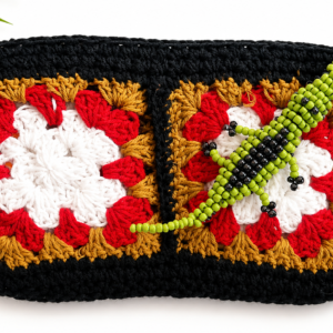 Black Crochet Clutch with Beaded Crocodile Charm – Handmade Multicolor Pochette