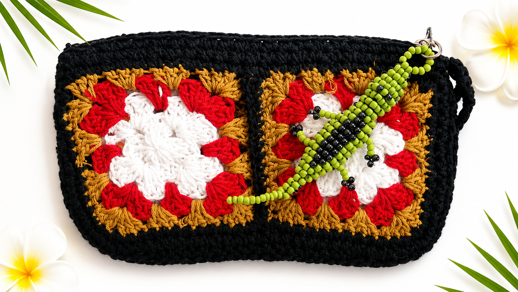 Black Crochet Clutch with Beaded Crocodile Charm – Handmade Multicolor Pochette