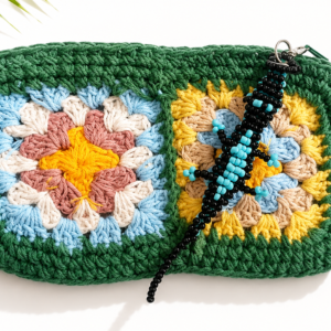 Green Multicolor Crochet Clutch with Beaded Crocodile Charm – Handmade Boho Pochette
