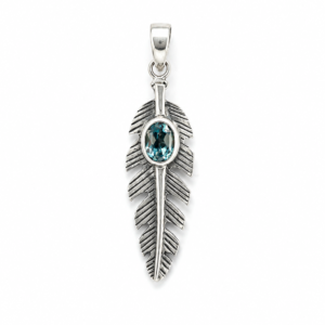 Sterling Silver Feather Pendant with Blue Topaz – Freedom & Light Jewelry