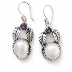 Mother of Pearl & Amethyst Leaf Earrings – Handcrafted 925 Sterling Silver Jewelry