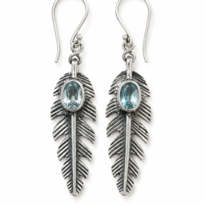 Sterling Silver Feather Earrings with Blue Topaz – Handcrafted Boho Jewelry