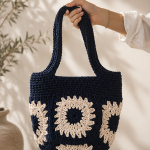 Navy Flower Crochet Bag – Handmade Artisan Tote