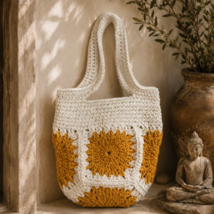 Marigold Crochet Bag – Handmade Ivory & Mustard Floral Tote
