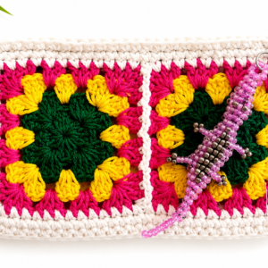 Ivory Multicolor Crochet Clutch with Beaded Crocodile Charm – Handmade Boho Pochette