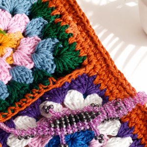 Burnt OOrange Multicolor Crochet Clutch with Beaded Crocodile Charm – Handmade Boho Pochette