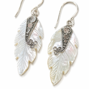 Carved Mother of Pearl Feather Earrings – Handcrafted 925 Sterling Silver Jewelry