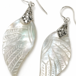 Engraved Mother of Pearl Leaf Earrings – Handcrafted 925 Sterling Silver Jewelry