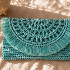 Turquoise Handwoven Raffia Clutch Bag – Handmade Boho Pochette