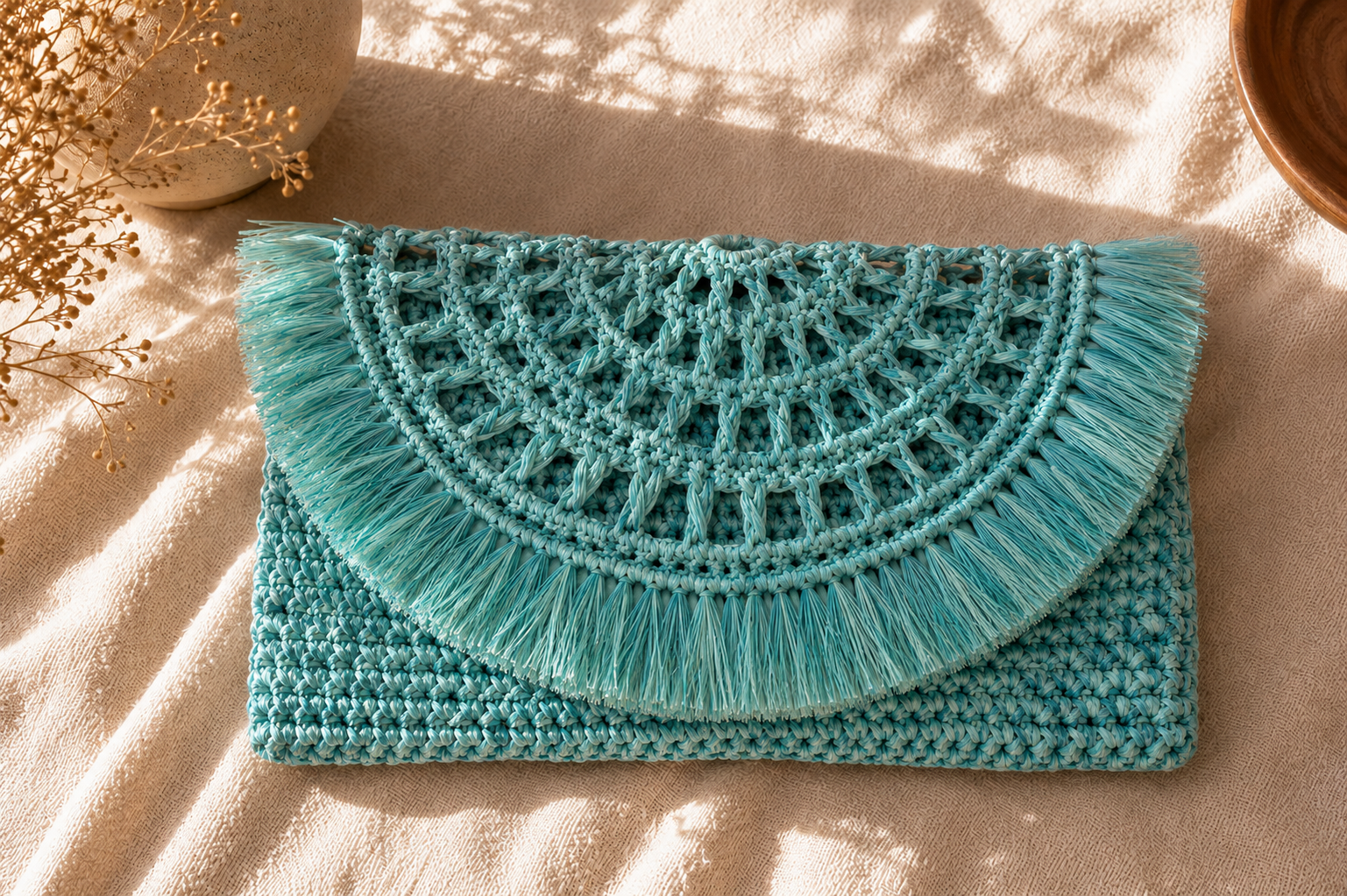 Turquoise Handwoven Raffia Clutch Bag – Handmade Boho Pochette
