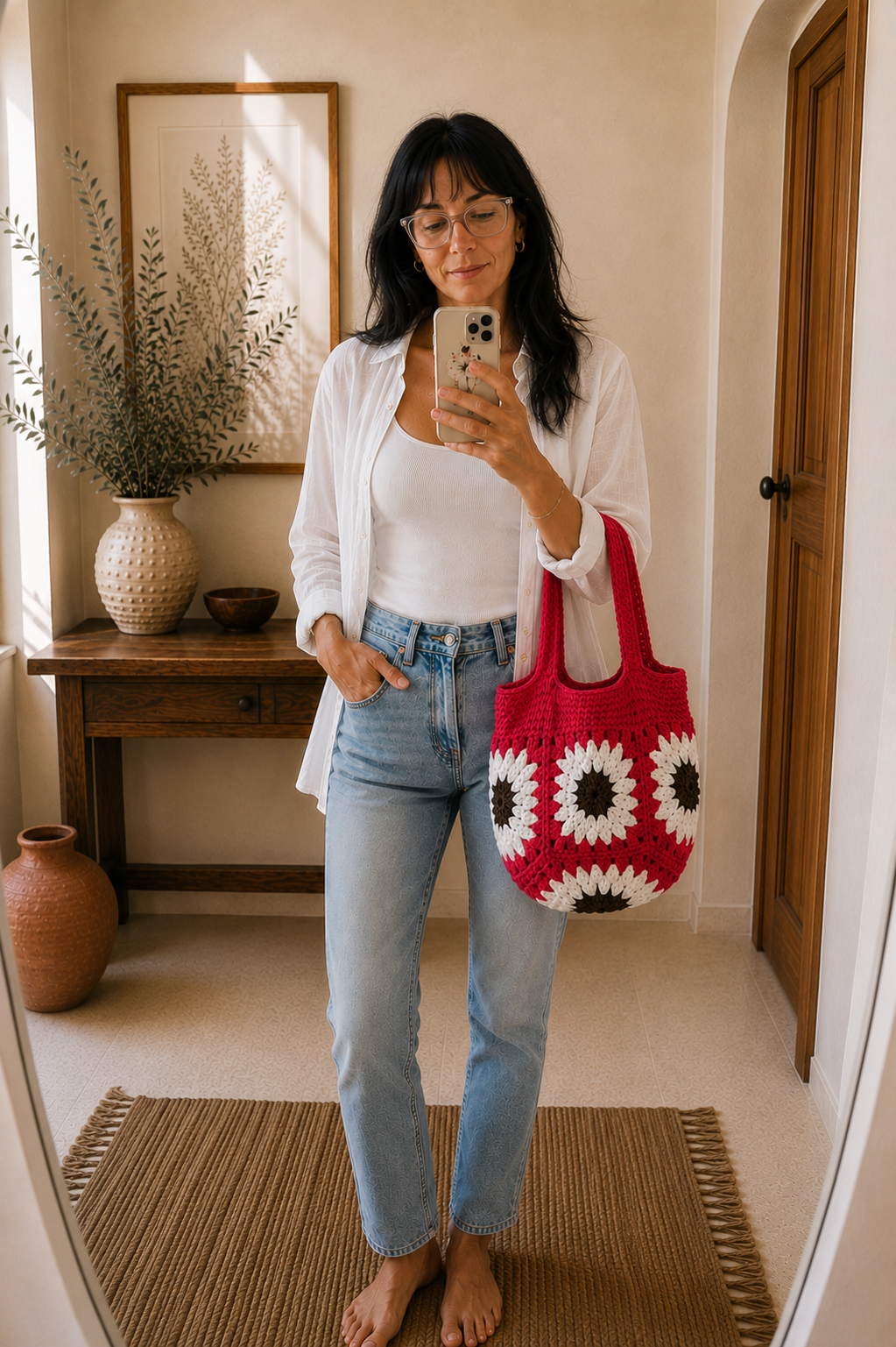 Coral Red Flower Crochet Bag – Handmade Artisan Tote - immagine 4