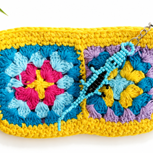 Yellow Multicolor Crochet Clutch with Beaded Crocodile Charm – Handmade Boho Pochette