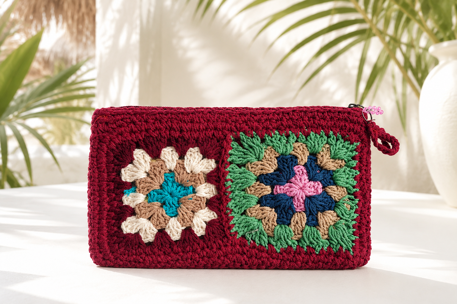 Deep Red Multicolor Crochet Clutch – Handmade Boho Pochette - immagine 4