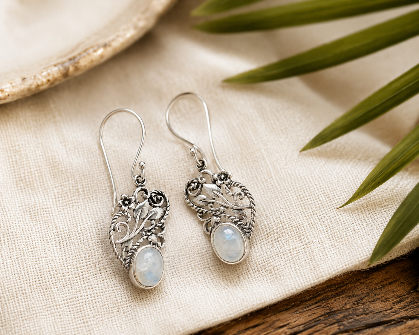 Moonstone Floral Earrings – Handcrafted 925 Sterling Silver Jewelry - immagine 4