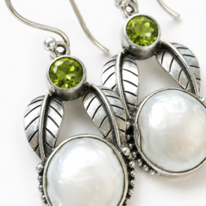 Mother of Pearl & Peridot Leaf Earrings – Handcrafted 925 Sterling Silver Jewelry