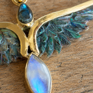 Handcrafted Brass Wing Pendant with Abalone, Labradorite & Moonstone – Artisan Statement Jewelry – Boho Wing Pendant
