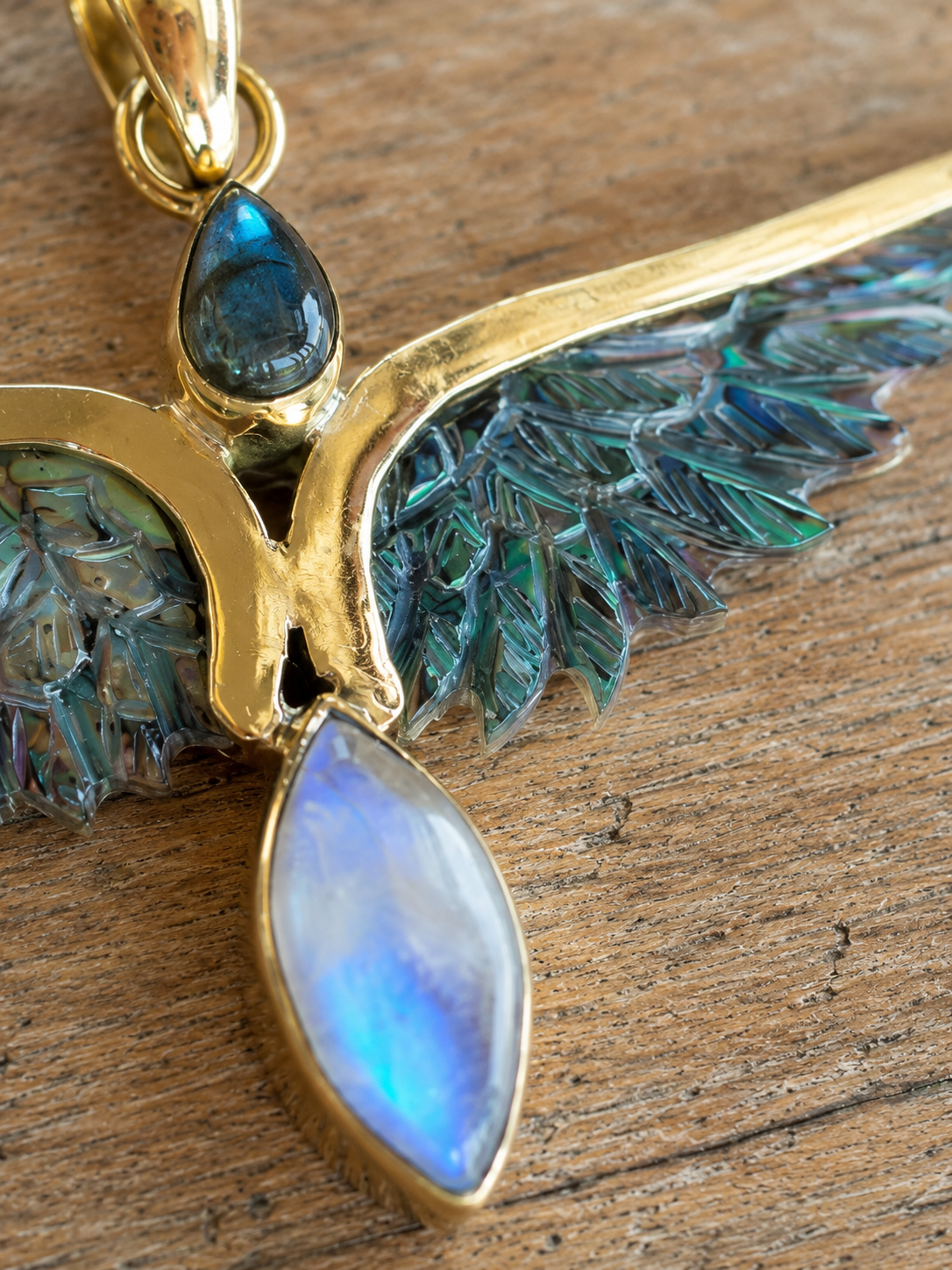 Handcrafted Brass Wing Pendant with Abalone, Labradorite & Moonstone – Artisan Statement Jewelry – Boho Wing Pendant