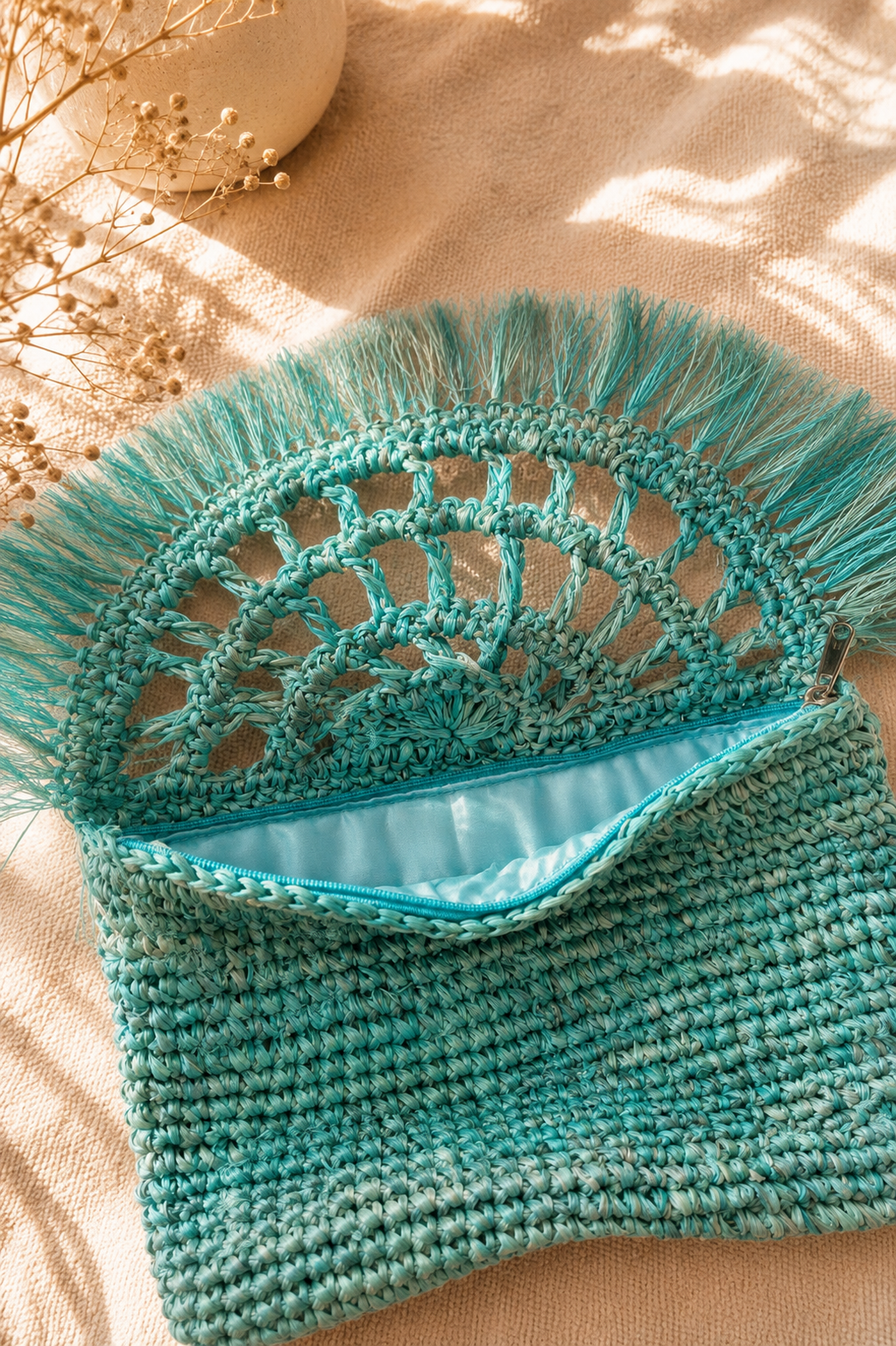 Turquoise Handwoven Raffia Clutch Bag – Handmade Boho Pochette - immagine 5