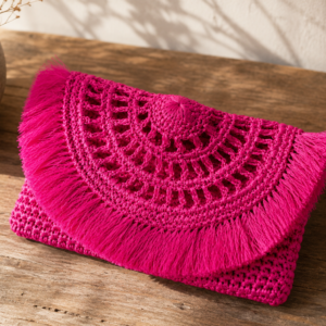 Fuchsia Handwoven Raffia Clutch Bag – Handmade Boho Pochette