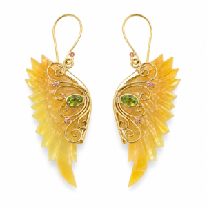 Carved Wing Earrings – Mother of Pearl, Green Stone & Golden Brass