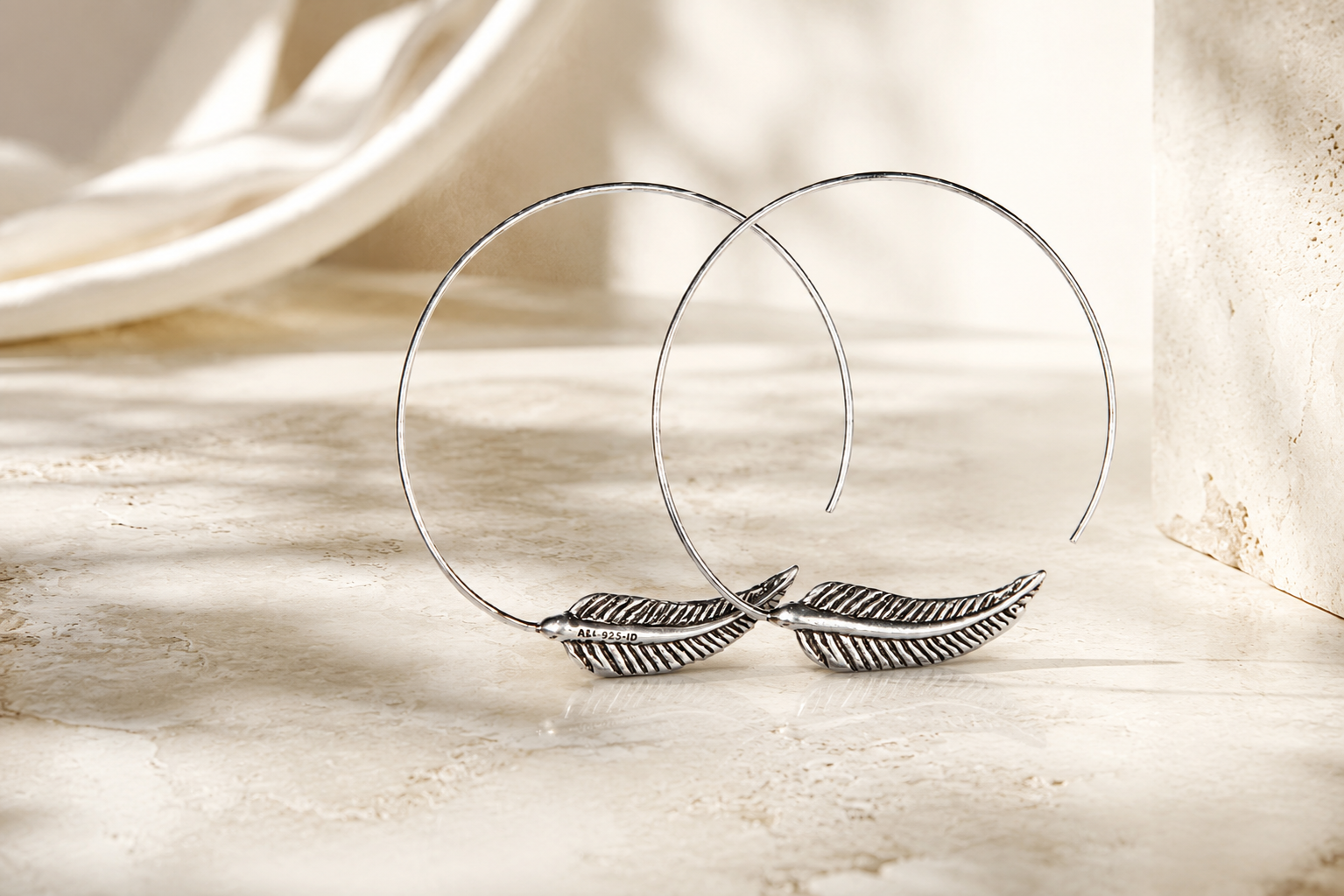 Sterling Silver Feather Hoop Earrings – Handcrafted 925 Silver Earrings - immagine 6