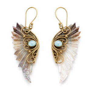 Mother of Pearl Wing Earrings with Turquoise – Handcrafted Brass Statement Earrings