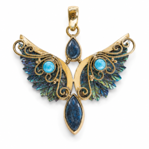 Abalone Wing Pendant with Larimar & Labradorite – Handcrafted Brass Statement Jewelry